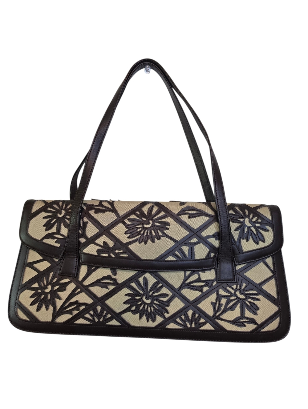 BCBGMAXAZRIA Vintage Floral Cutout Leather Canvas Satchel